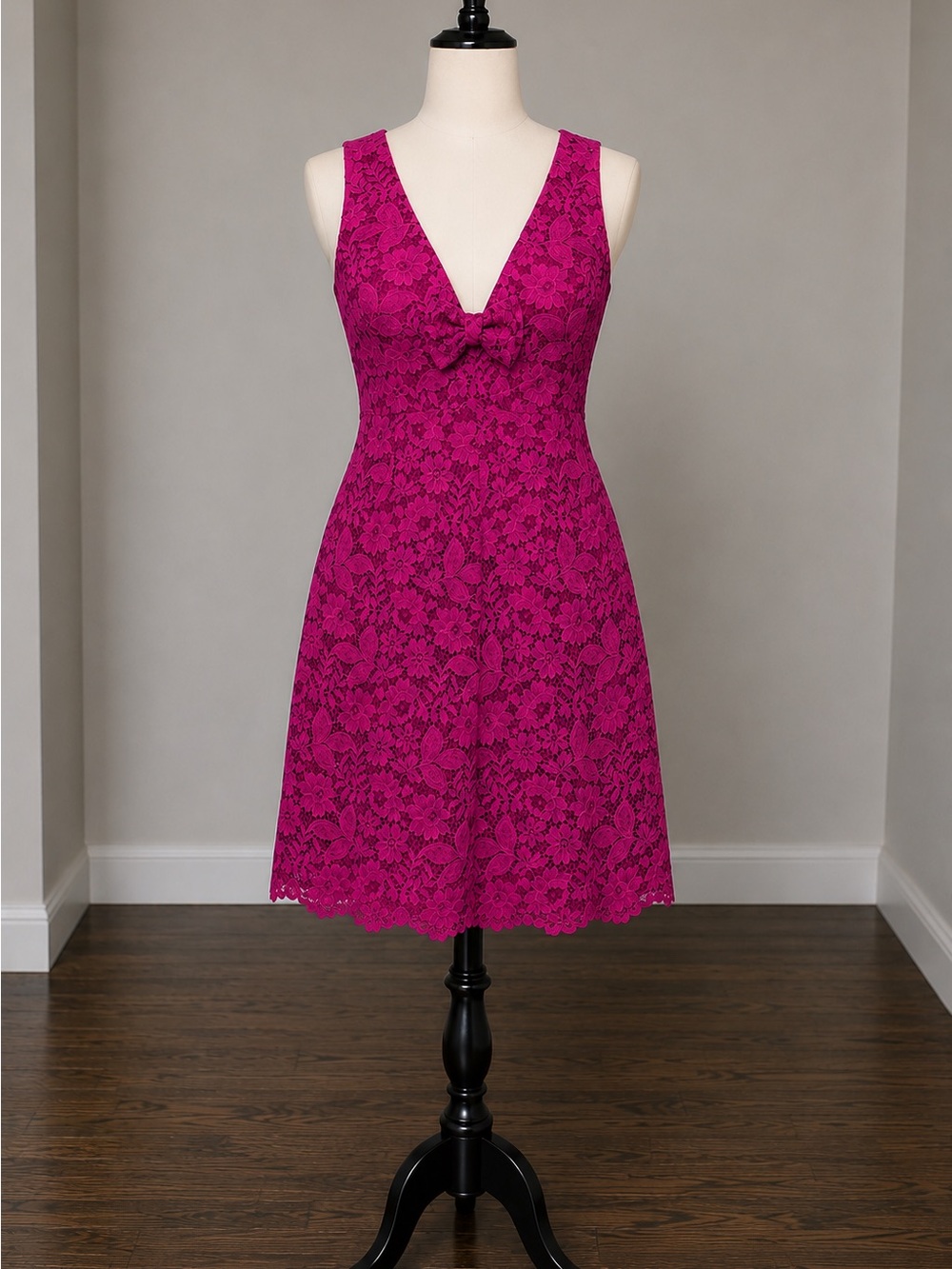 Zara Sleeveless Fuchsia Lace A-Line Dress with Bow